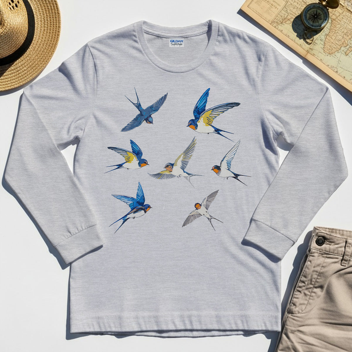 Elegant Flying Swallows Long Sleeve Tees , Minimalist Wildlife Camping Graphic Long Sleeve Gift For Nature Campers 8