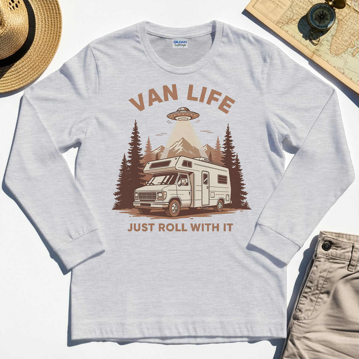 Just Roll With It Long Sleeve, Retro Camper Van Adventure Long Sleeve Tee For Camping Lovers 5
