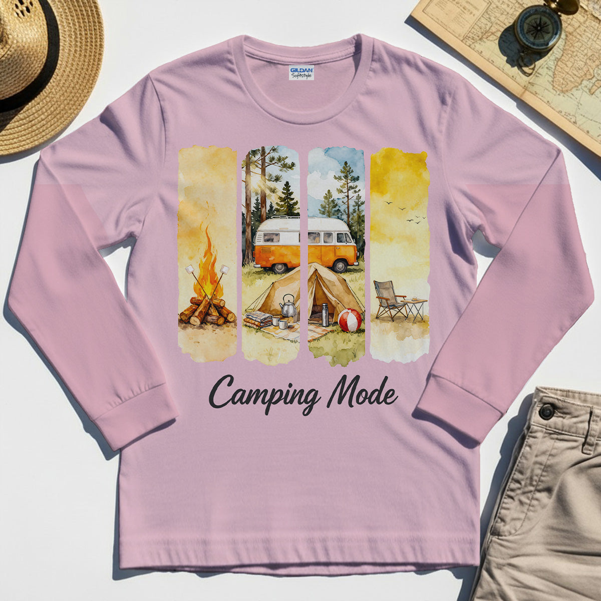 Van Life and Campfire Graphic Long Sleeve, Watercolor Campfire and Tent Graphic Long Sleeve Tee For Outdoor Lovers 8