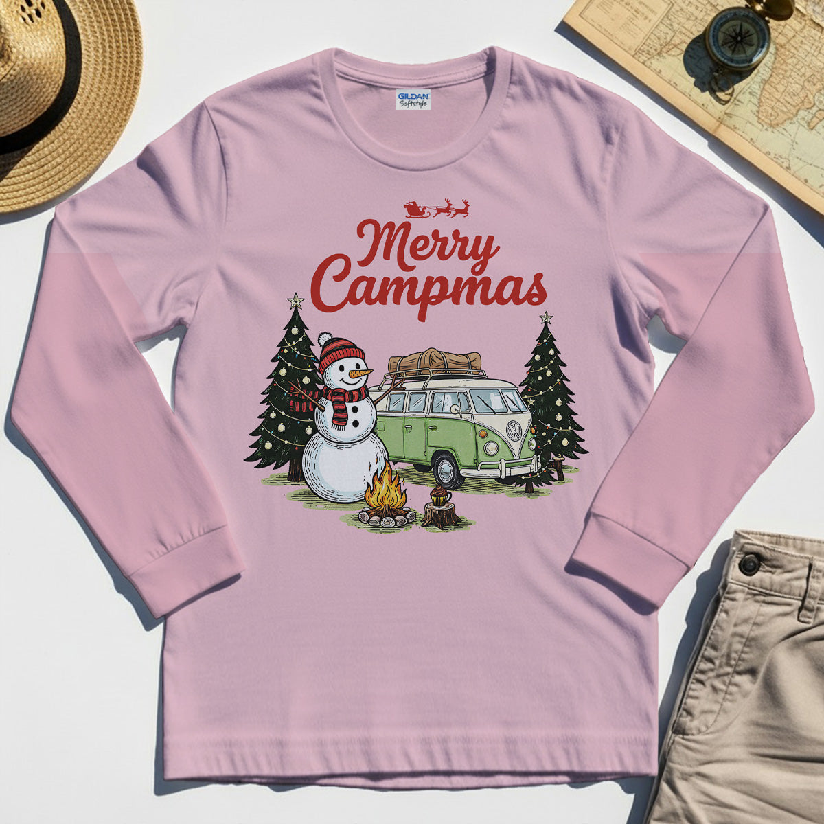 Funny Merry Christmas Camping Long Sleeve Tee, Retro Camper Van Snowman Campfire Long Sleeve For Outdoor Lovers 7