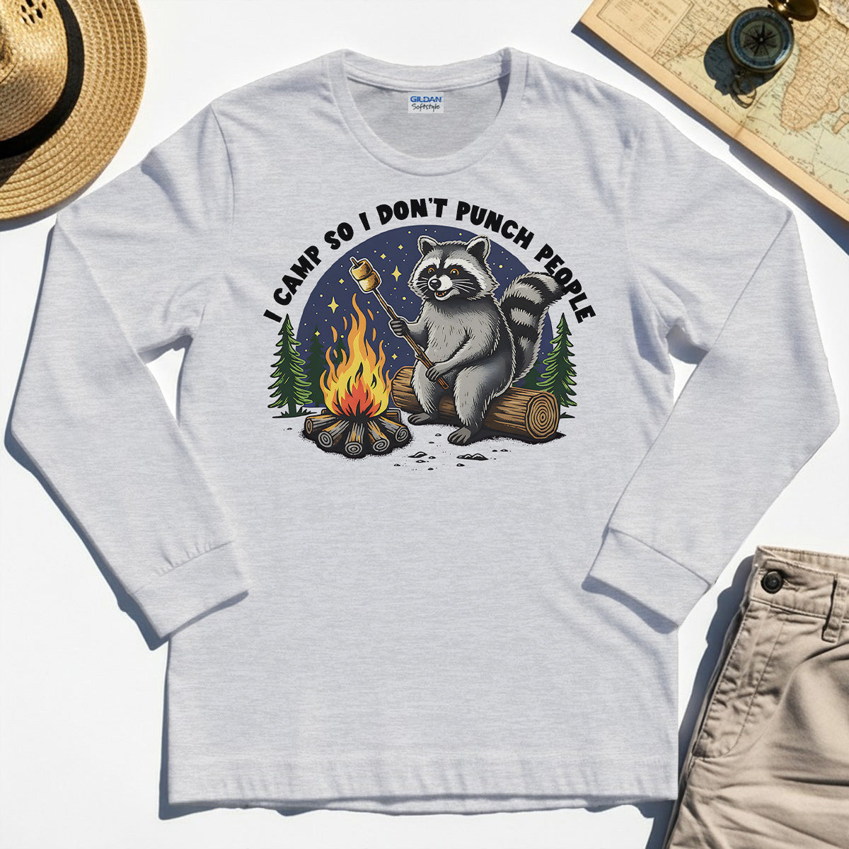 I Camp So I Don’t Punch People Long Sleeve, Funny Raccoon Marshmallow Campfire Long Sleeve Tee 5