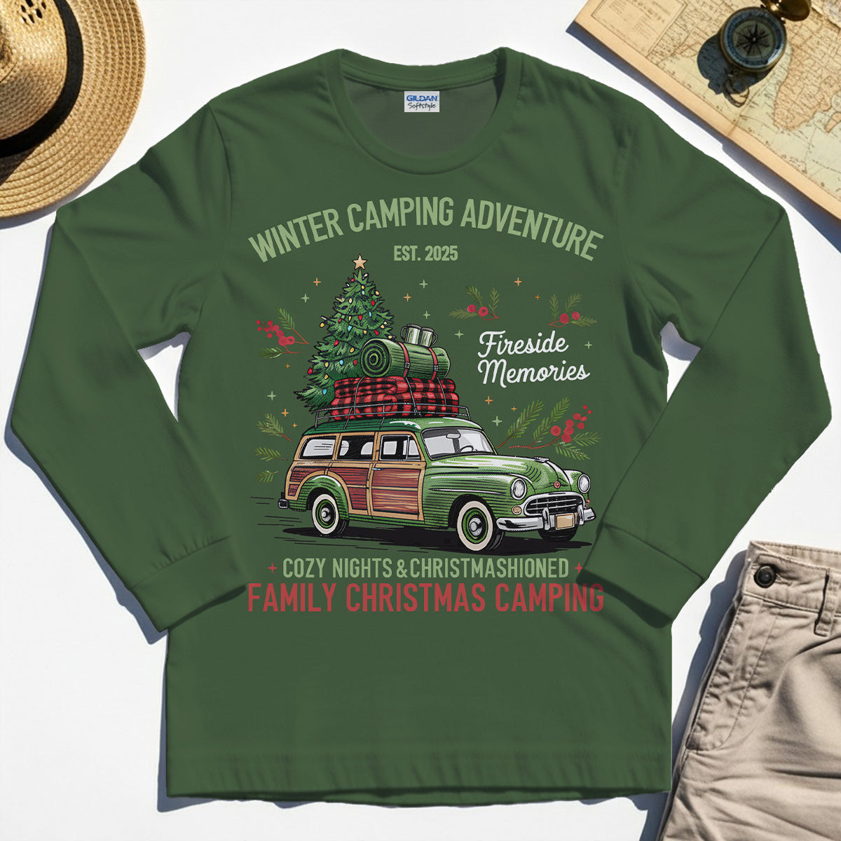 Winter Camping Adventure Long Sleeve, Retro Car with Tree Family Christmas Camping Long Sleeve Tee 3