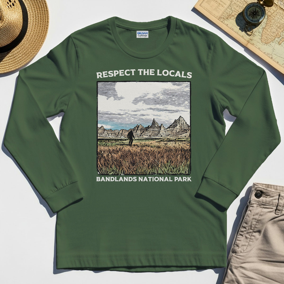 Sasquatch Respect The Locals Long Sleeve, Bigfoot Hiking Through Badlands National Park Long Sleeve Tee 3