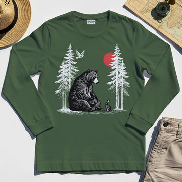 Bear and Bunny Under Red Sun Long Sleeve, Vintage Forest Nature Graphic Long Sleeve Tee, Wildlife Art Long Sleeve For Outdoor Lovers 1