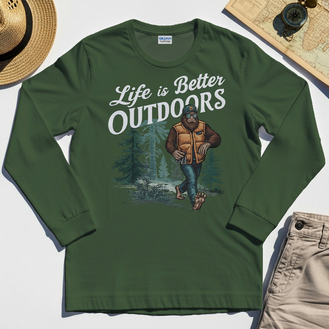 Bigfoot Life Is Better Outdoors Long Sleeve, Retro Camping Graphic Long Sleeve Tee For Outdoor Adventurers 1