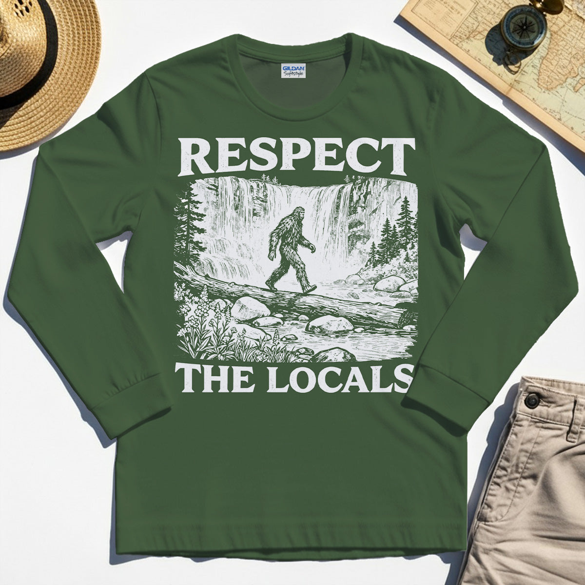 Bigfoot Respect The Locals Long Sleeve, Vintage Waterfall Hiking Graphic Long Sleeve Tee For Camper And Adventurers 1