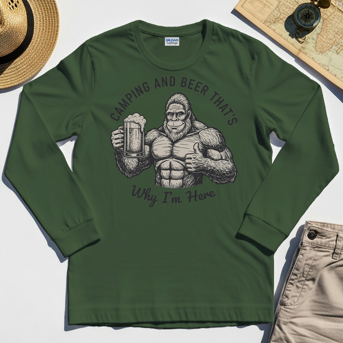 "Camping and Beer That’s Why I’m Here" Funny Bigfoot Camping Long Sleeve Tee 2