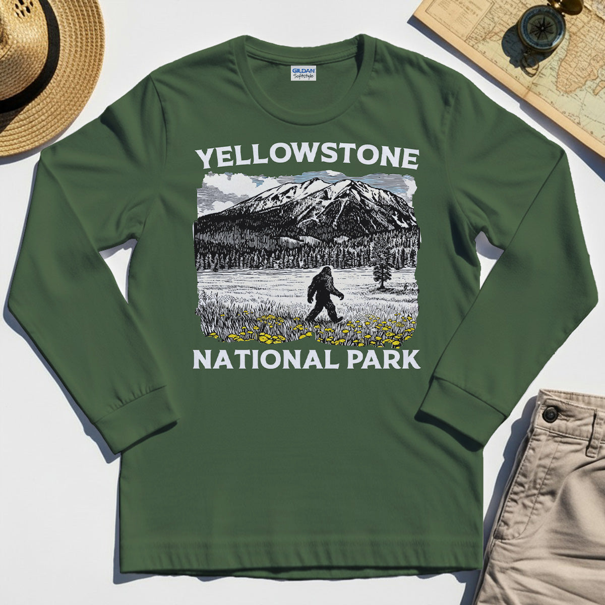 Yellowstone National Park Long Sleeve Tee, Bigfoot Hiking Graphic 3