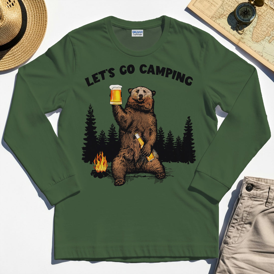 Let’s Go Camping Long Sleeve Tee, Funny Beer Drinking Bear Graphic Long Sleeve For Outdoor & Camping Lovers 1