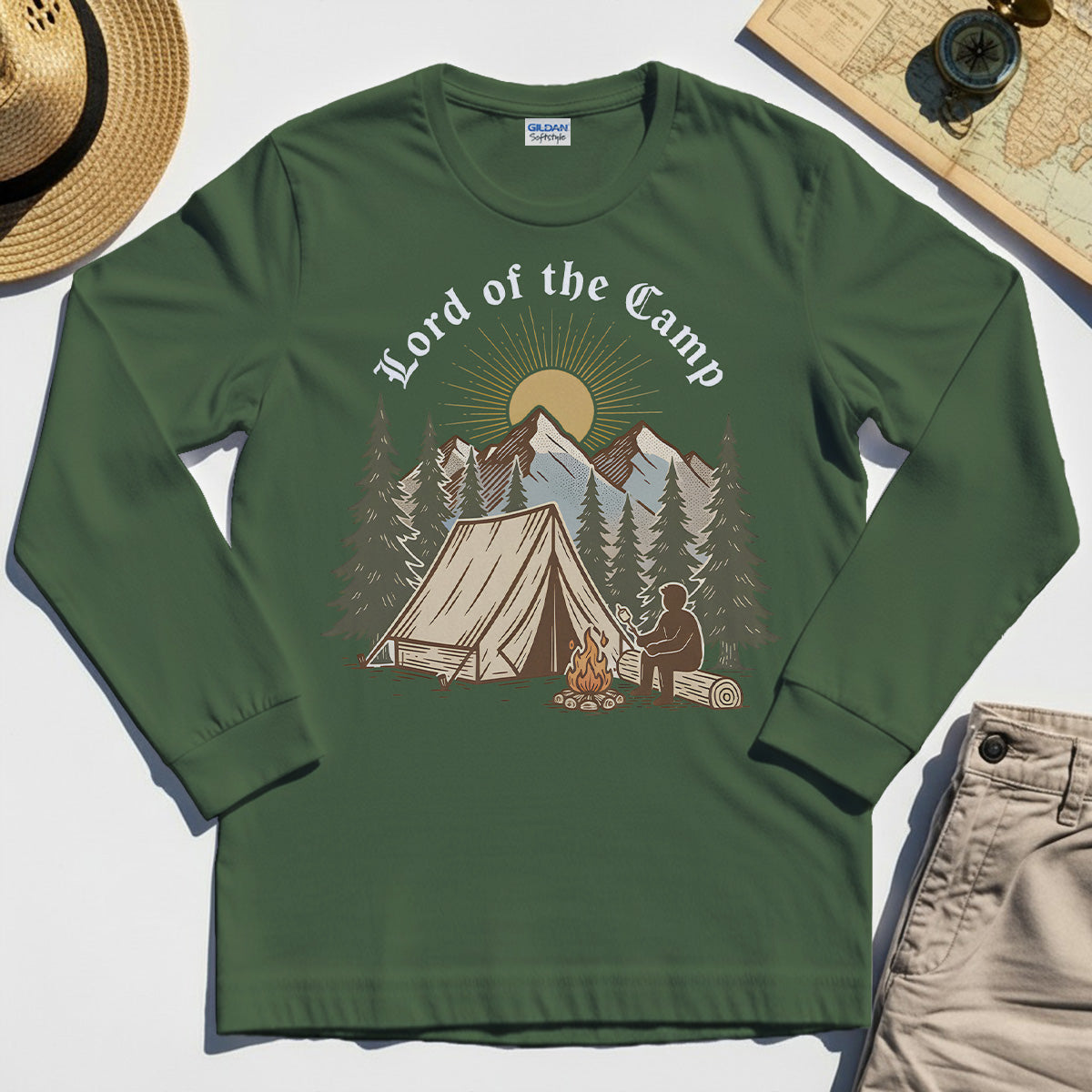 Vintage Lord of the Camp Campfire Long Sleeve, Tent And Campfire Mountain Scene Long Sleeve Tee 3