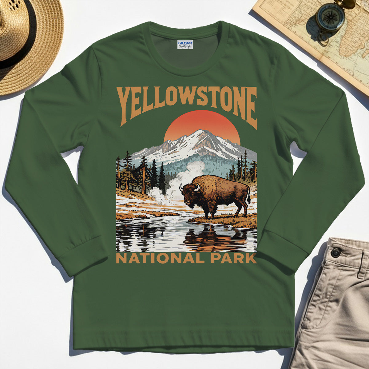 Yellowstone National Park Long Sleeve, Vintage Bison Sunset Mountain Long Sleeve Tee For Campers 3