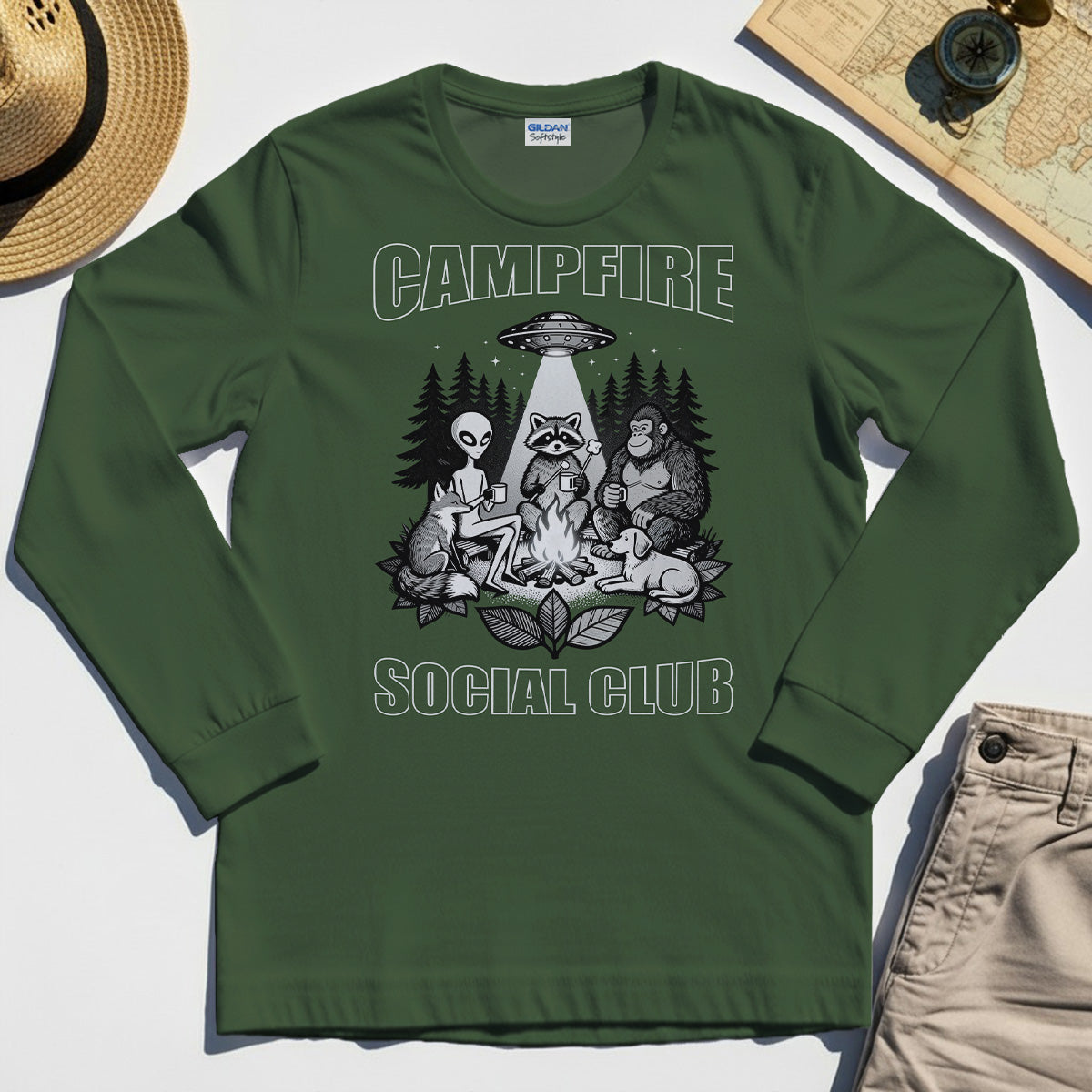 Campfire Social Club With Alien, Bigfoot, UFO And Raccoon Long Sleeve Tee 2