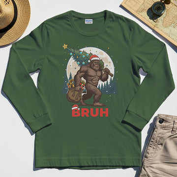 Bigfoot Christmas "BRUH" Long Sleeve, Retro Santa Hat Sasquatch Carrying Christmas Tree Long Sleeve Tee 1