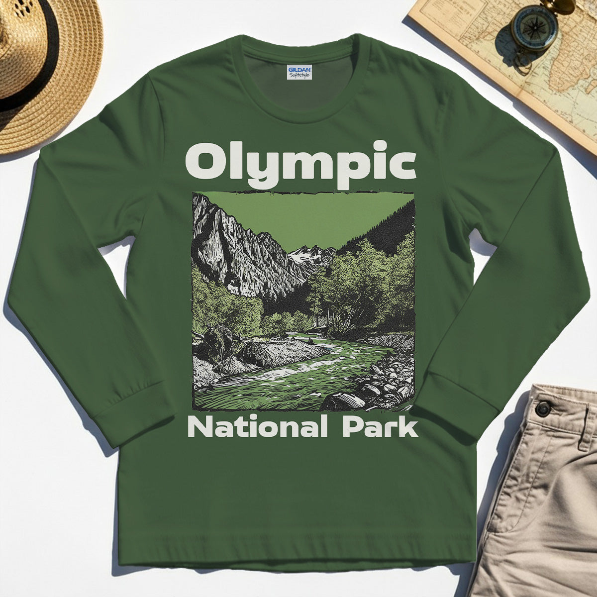 Olympic National Park Long Sleeve, Vintage Mountain River Scene Long Sleeve Tee For Outdoor Adventure Campers 3