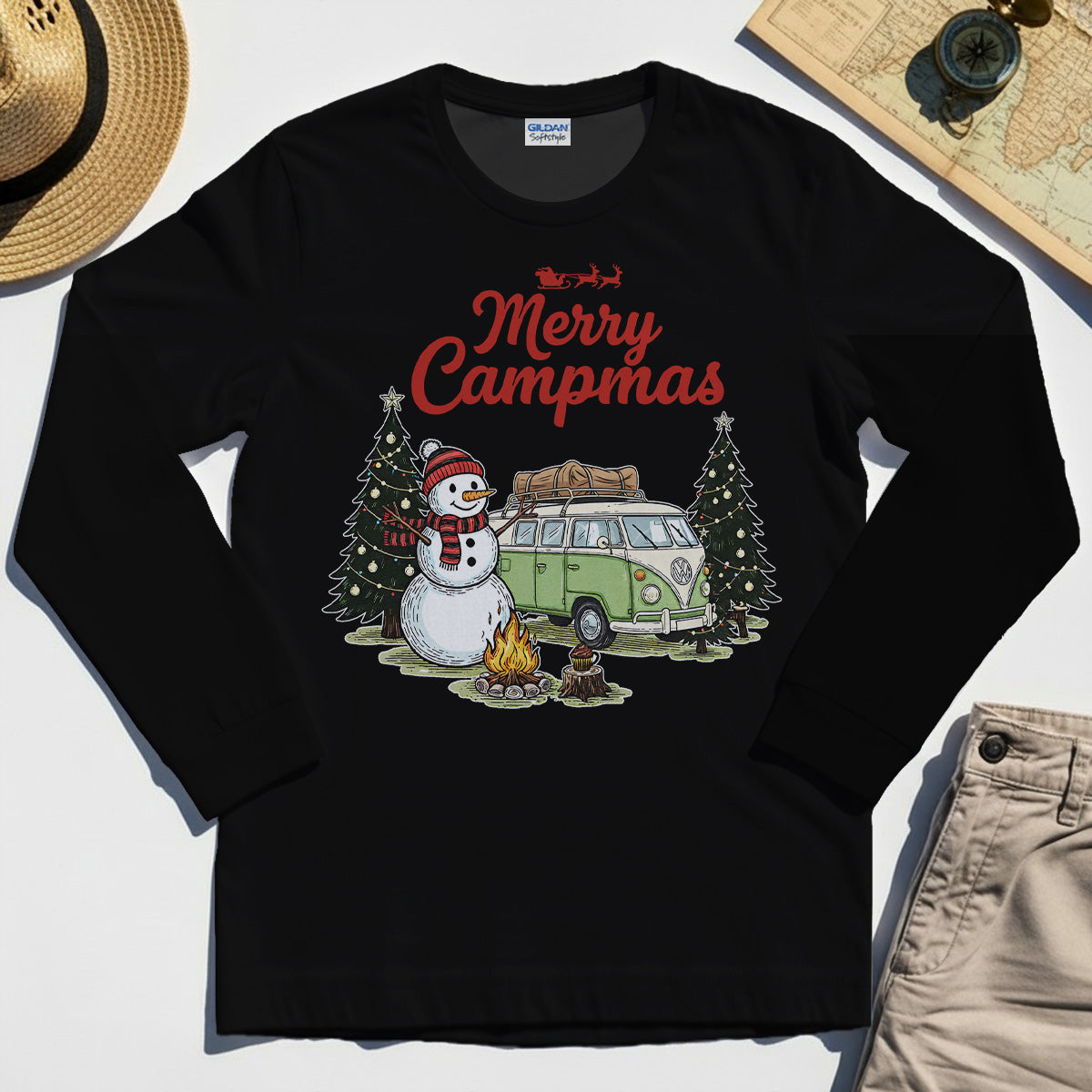 Funny Merry Christmas Camping Long Sleeve Tee, Retro Camper Van Snowman Campfire Long Sleeve For Outdoor Lovers 2