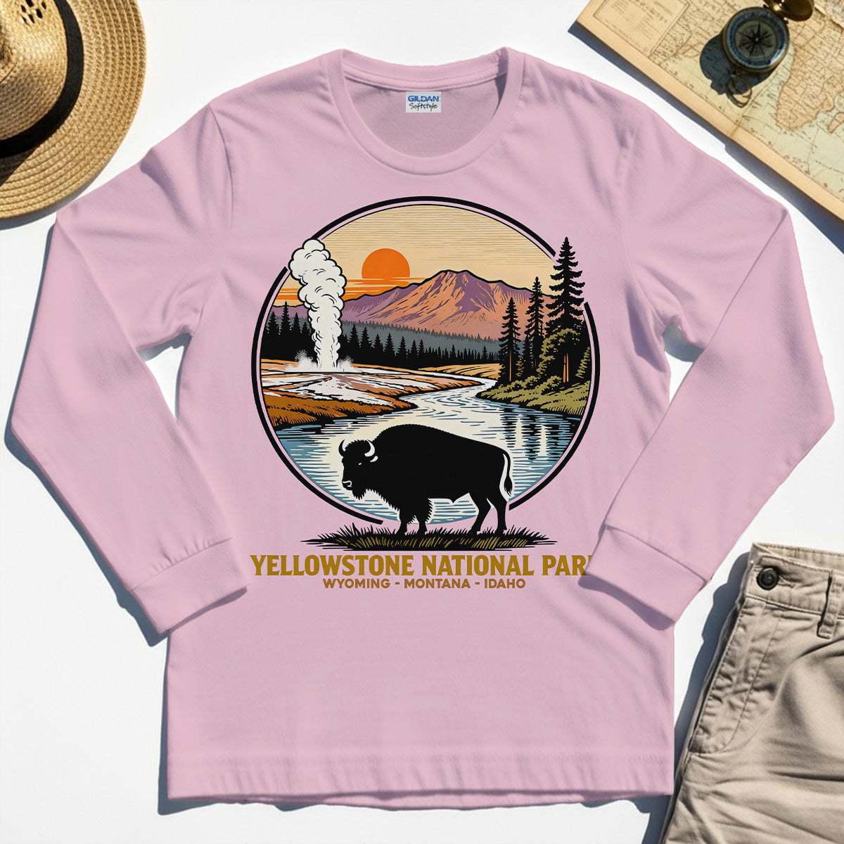 Retro Yellowstone National Park Long Sleeve, Bison Silhouette Outdoor Adventure Long Sleeve Tee For Nature Campers 7
