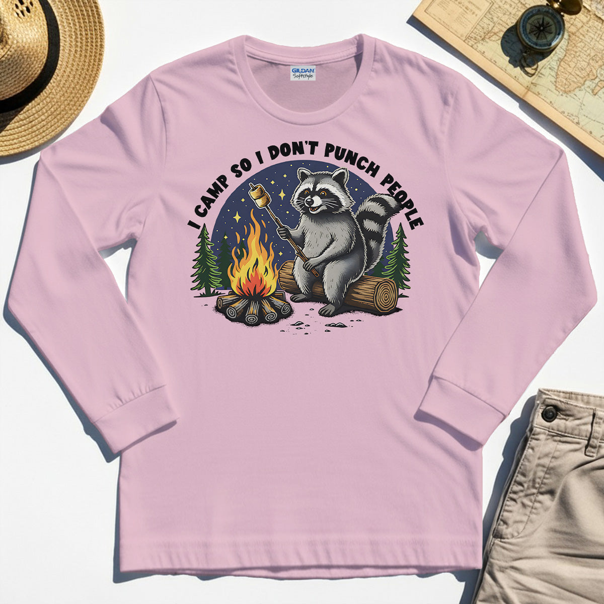 I Camp So I Don’t Punch People Long Sleeve, Funny Raccoon Marshmallow Campfire Long Sleeve Tee 6