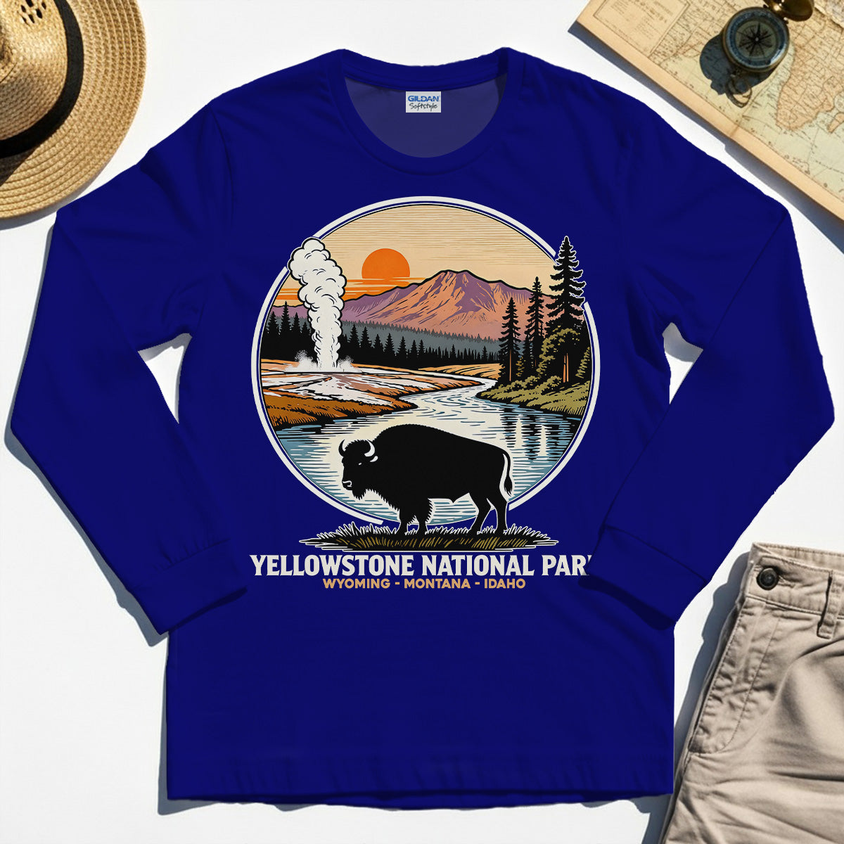 Retro Yellowstone National Park Long Sleeve, Bison Silhouette Outdoor Adventure Long Sleeve Tee For Nature Campers 5