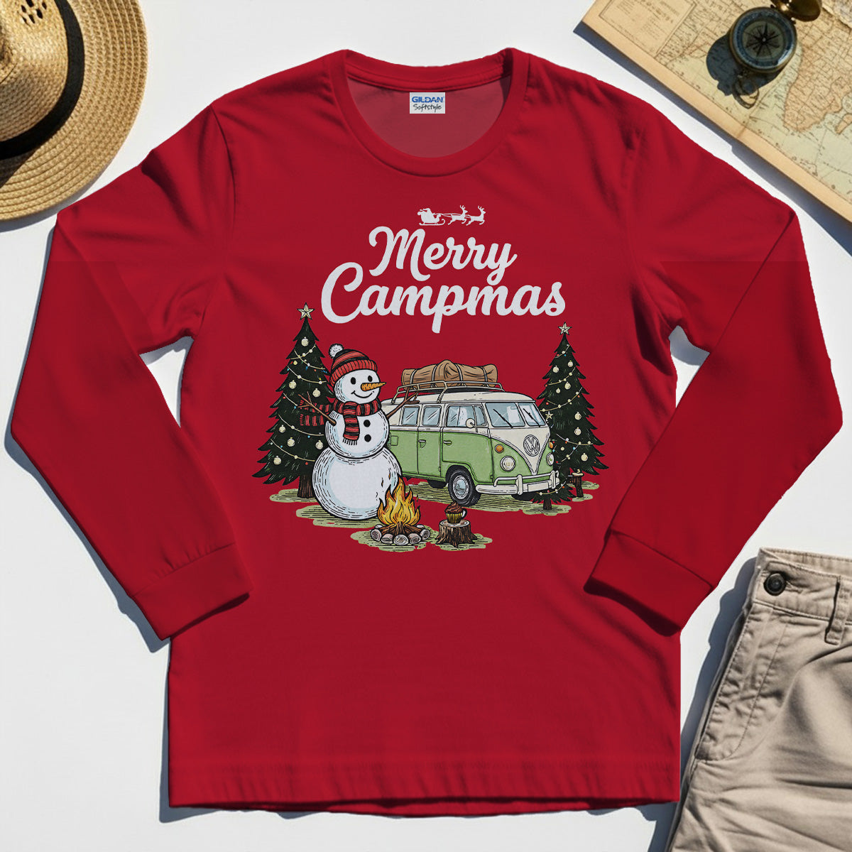 Funny Merry Christmas Camping Long Sleeve Tee, Retro Camper Van Snowman Campfire Long Sleeve For Outdoor Lovers 8