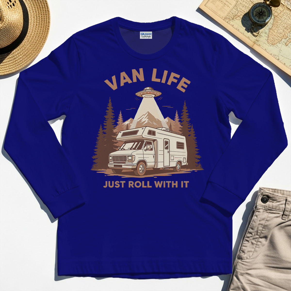 Just Roll With It Long Sleeve, Retro Camper Van Adventure Long Sleeve Tee For Camping Lovers 7