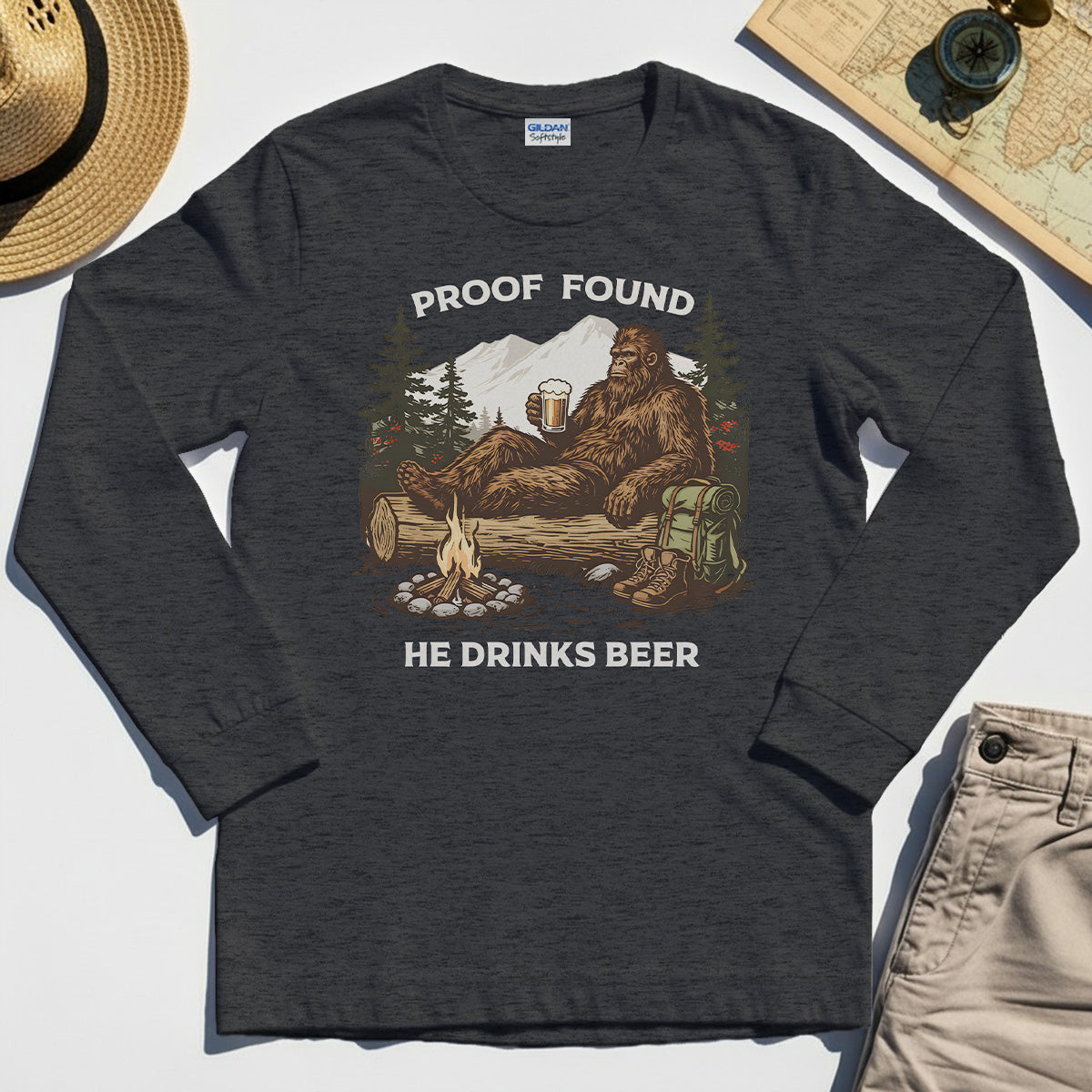 Funny Bigfoot "Proof Found He Drinks Beer" Camping Long Sleeve, Sasquatch Beer Lover Long Sleeve Tee For Campers 3