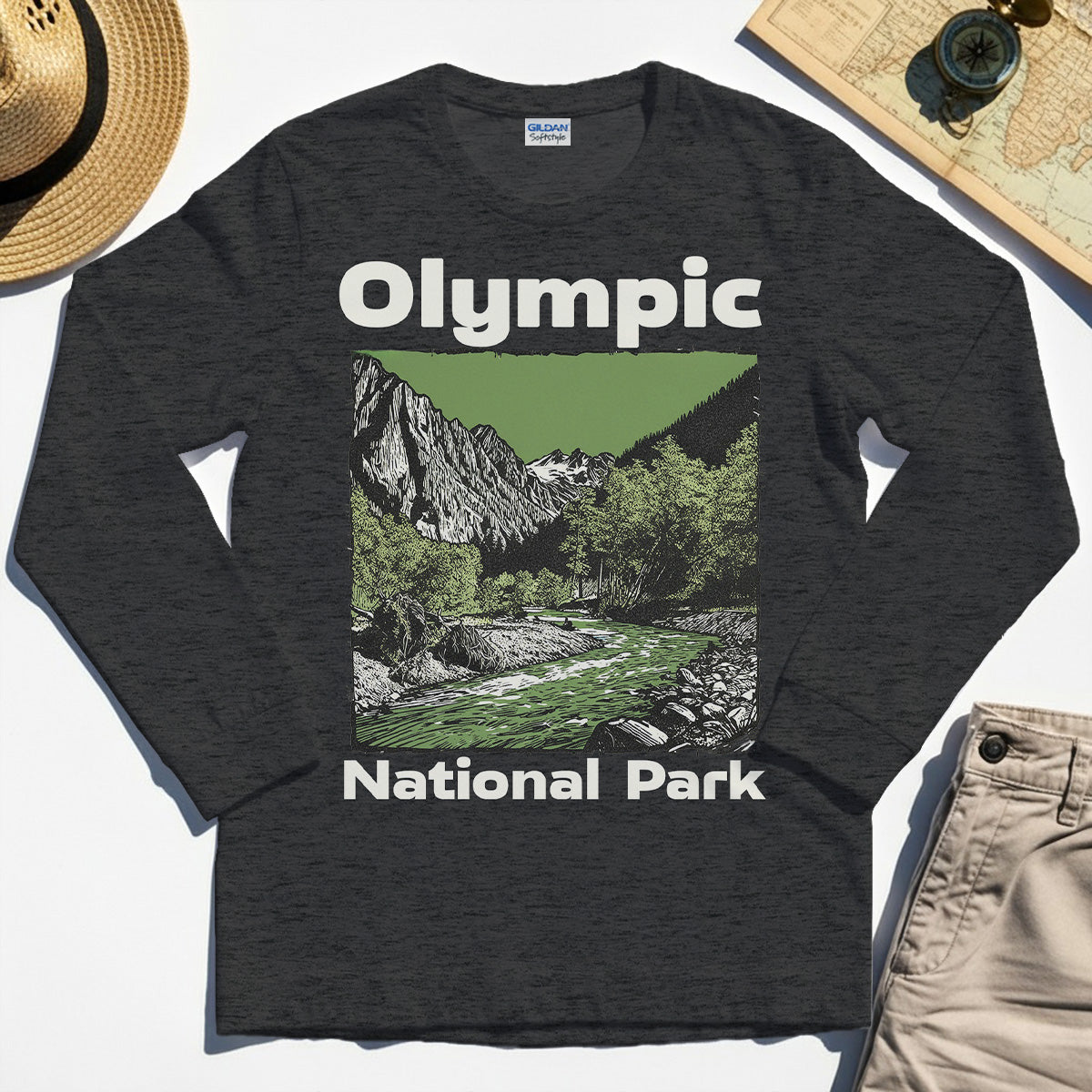 Olympic National Park Long Sleeve, Vintage Mountain River Scene Long Sleeve Tee For Outdoor Adventure Campers 4