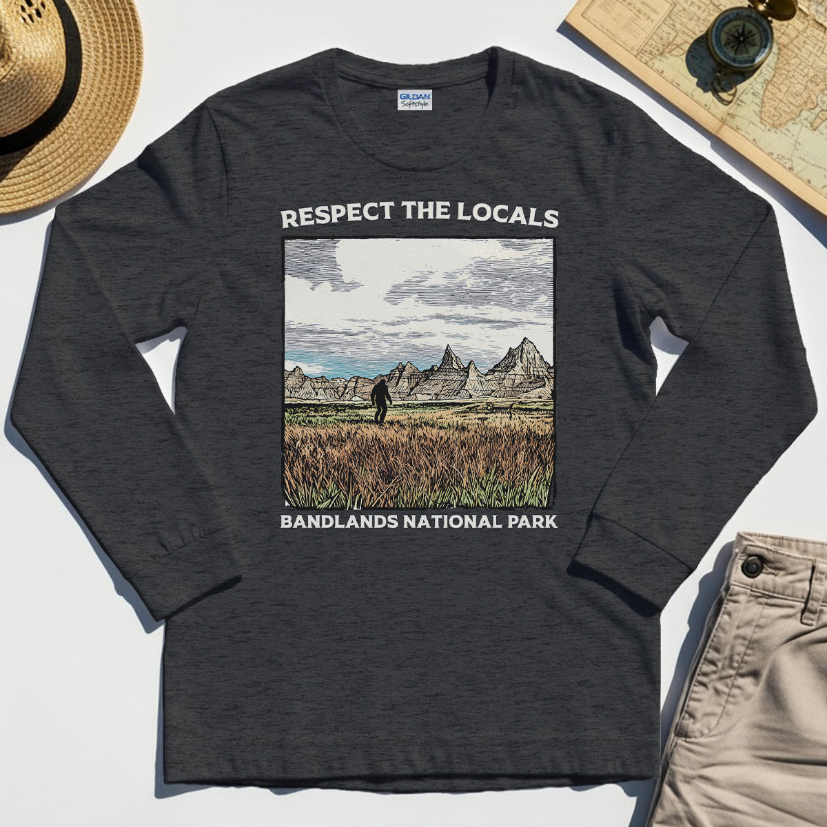 Sasquatch Respect The Locals Long Sleeve, Bigfoot Hiking Through Badlands National Park Long Sleeve Tee 4