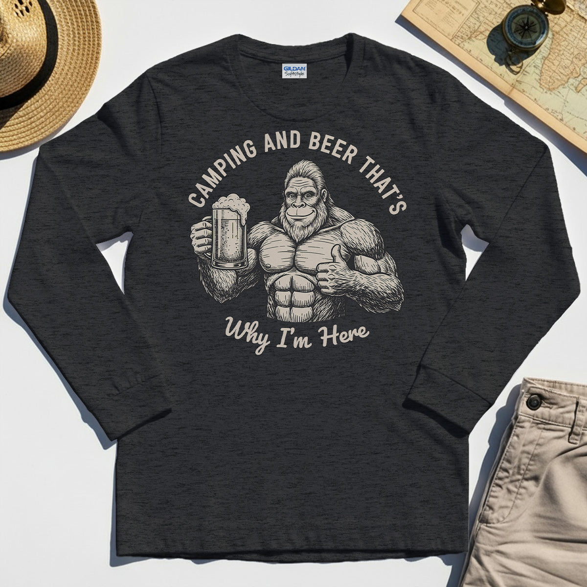 "Camping and Beer That’s Why I’m Here" Funny Bigfoot Camping Long Sleeve Tee 3