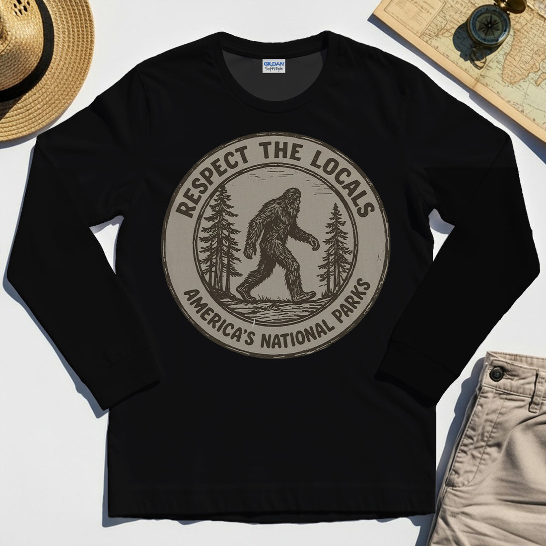 Retro Respect the Locals Bigfoot Long Sleeve, Funny Sasquatch National Park Camping Long Sleeve Tee 1