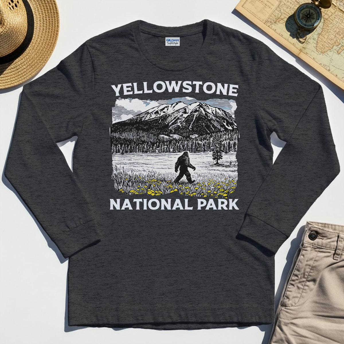 Yellowstone National Park Long Sleeve Tee, Bigfoot Hiking Graphic 4