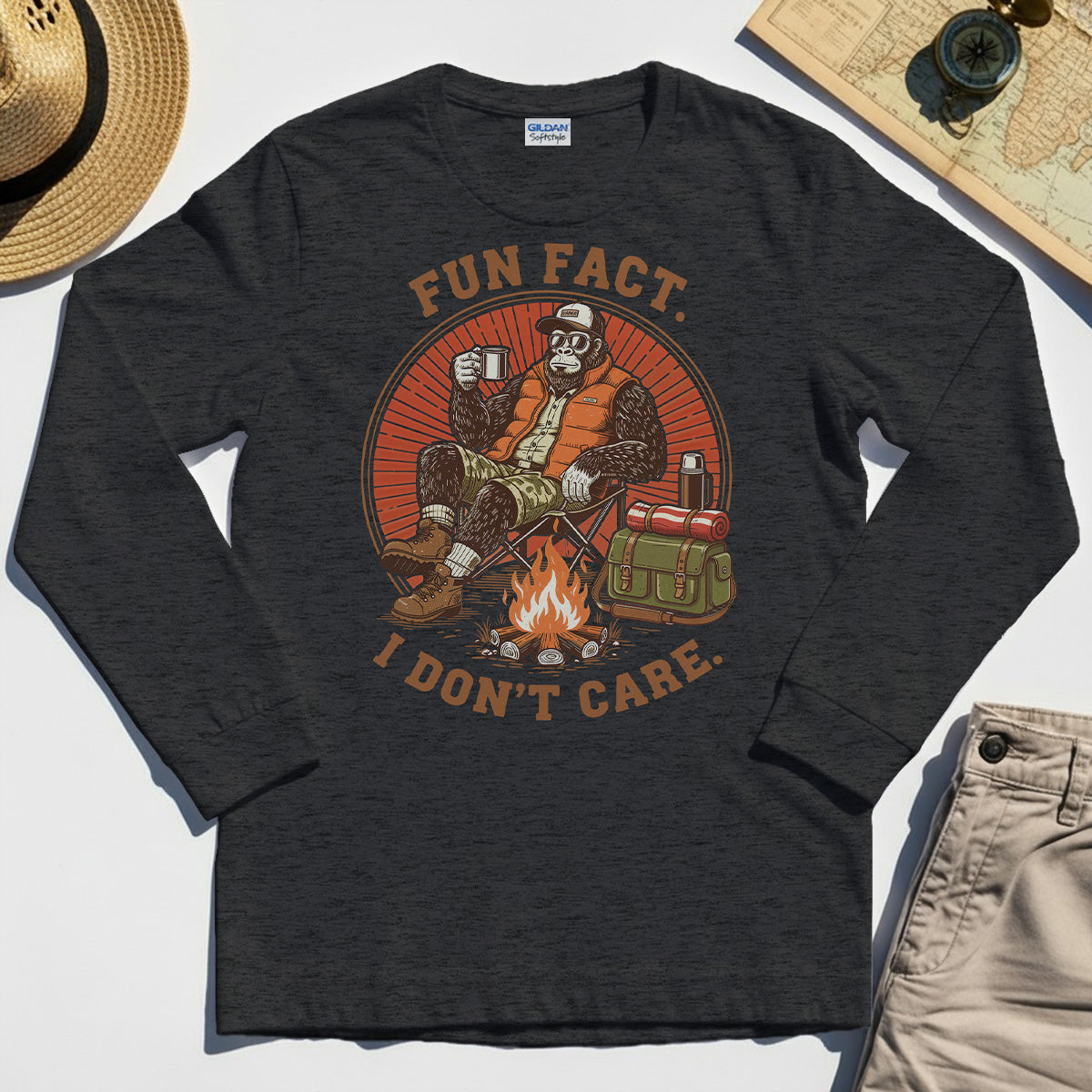 Funny Bigfoot Camping Long Sleeve, "Fun Fact I Don’t Care” 4