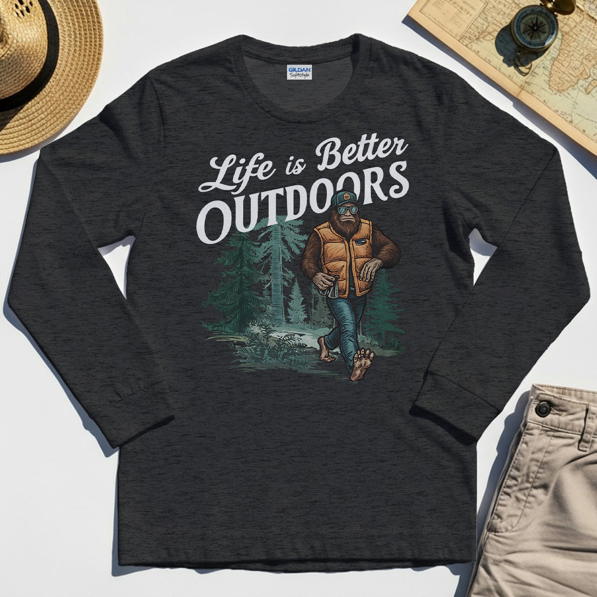 Bigfoot Life Is Better Outdoors Long Sleeve, Retro Camping Graphic Long Sleeve Tee For Outdoor Adventurers 3