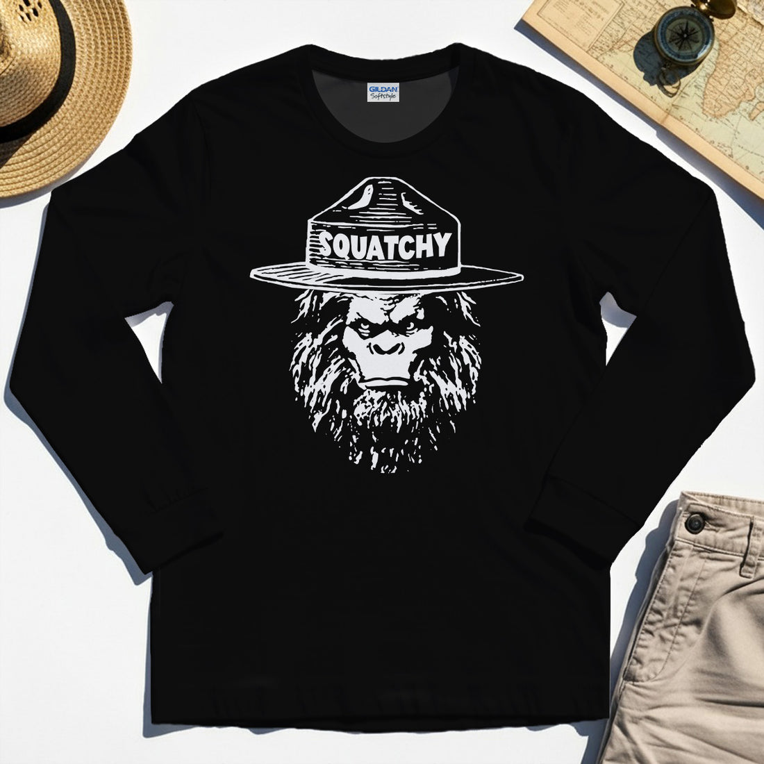 Sasquatch "SQUATCHY" Funny Bigfoot Long Sleeve, Retro Line Art Bigfoot Face Long Sleeve Tee For Camping Lovers 1