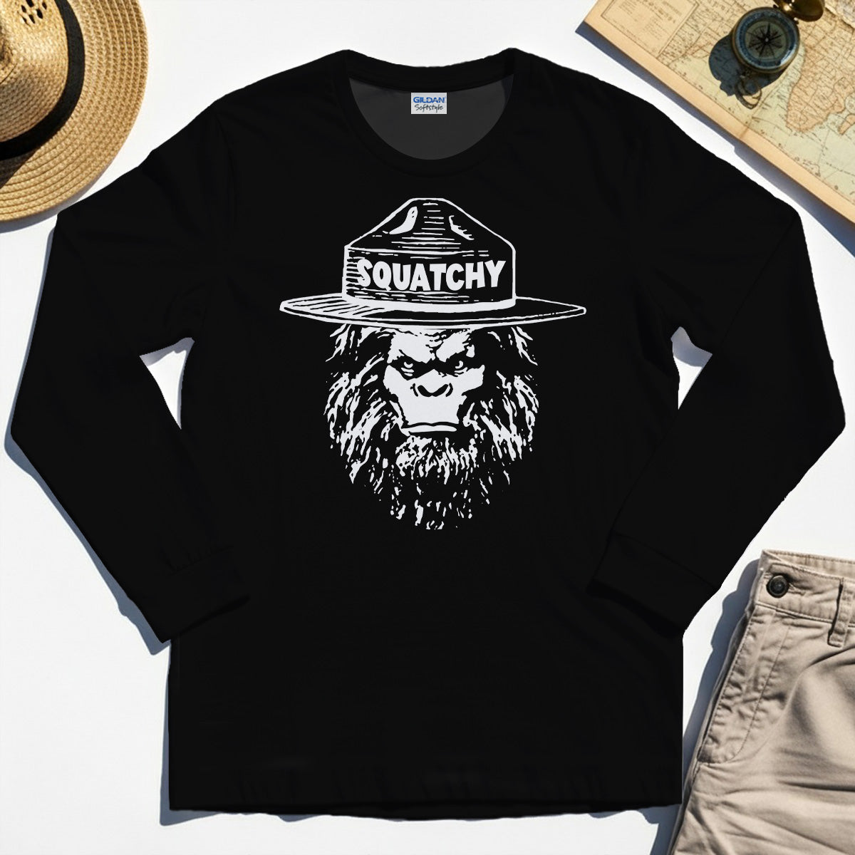 Sasquatch "SQUATCHY" Funny Bigfoot Long Sleeve, Retro Line Art Bigfoot Face Long Sleeve Tee For Camping Lovers 2