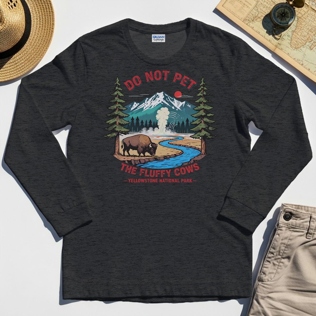 Yellowstone National Park Long Sleeve, Do Not Pet The Fluffy Cows Funny Bison Graphic Long Sleeve Tees 3