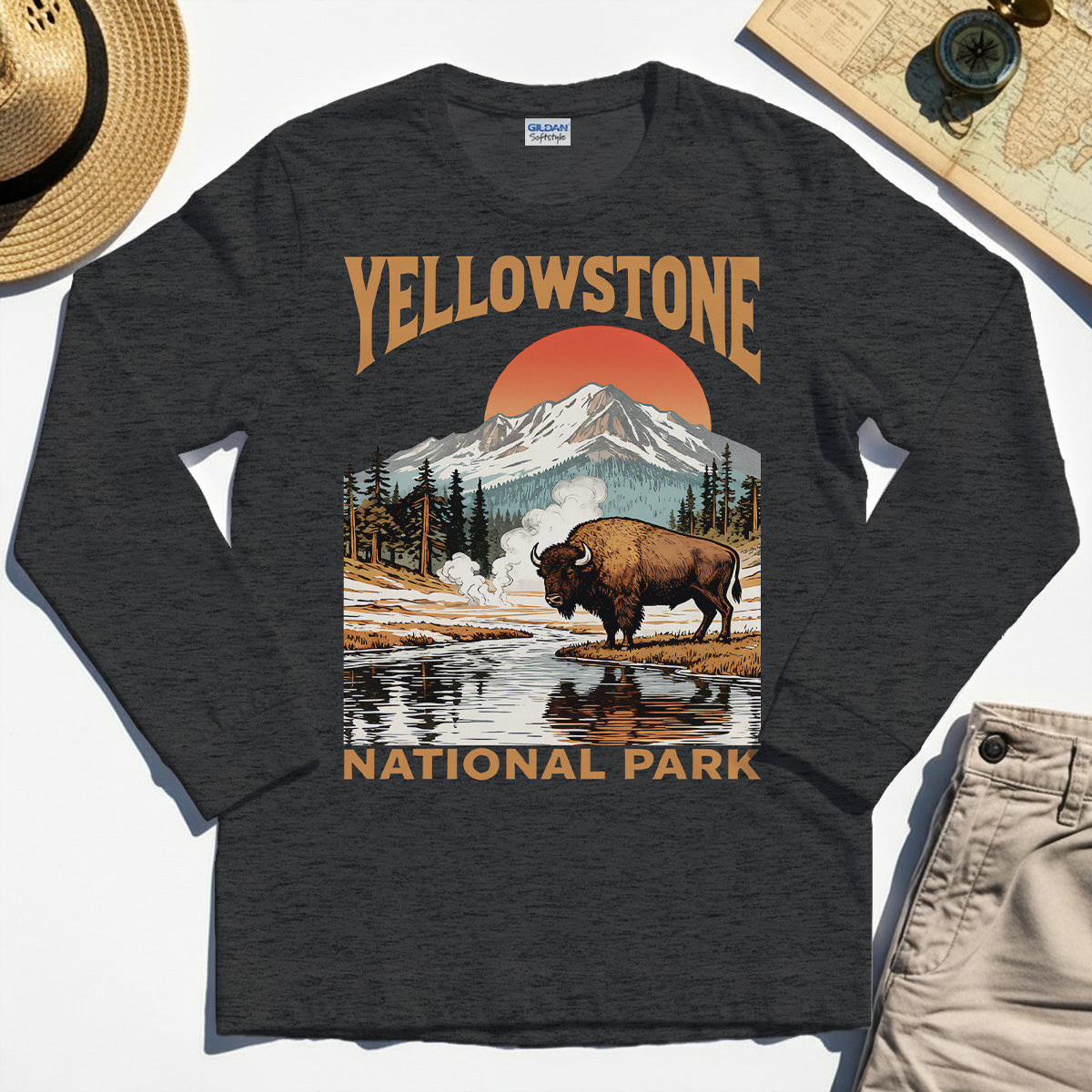 Yellowstone National Park Long Sleeve, Vintage Bison Sunset Mountain Long Sleeve Tee For Campers 4