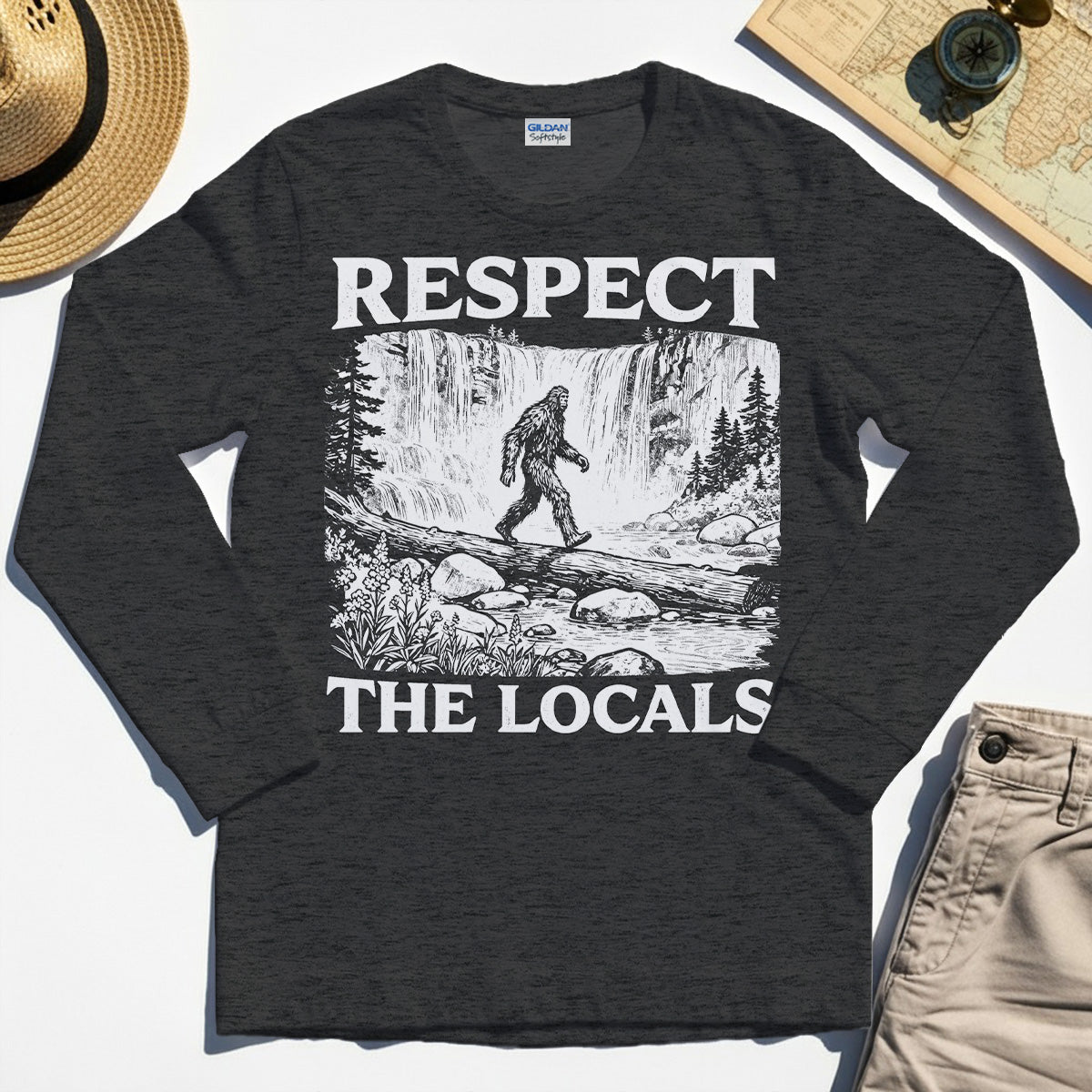 Bigfoot Respect The Locals Long Sleeve, Vintage Waterfall Hiking Graphic Long Sleeve Tee For Camper And Adventurers 3