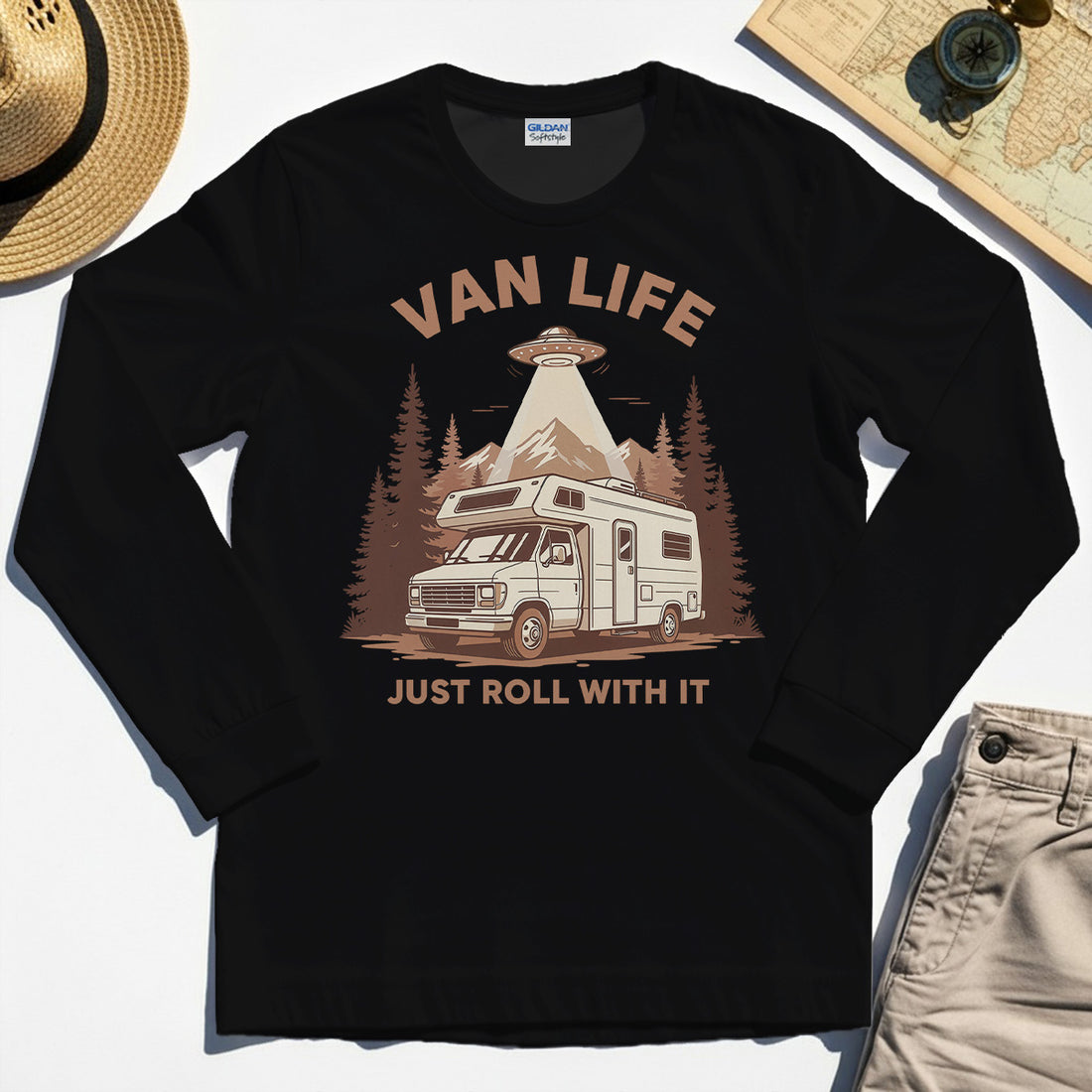 Just Roll With It Long Sleeve, Retro Camper Van Adventure Long Sleeve Tee For Camping Lovers 1