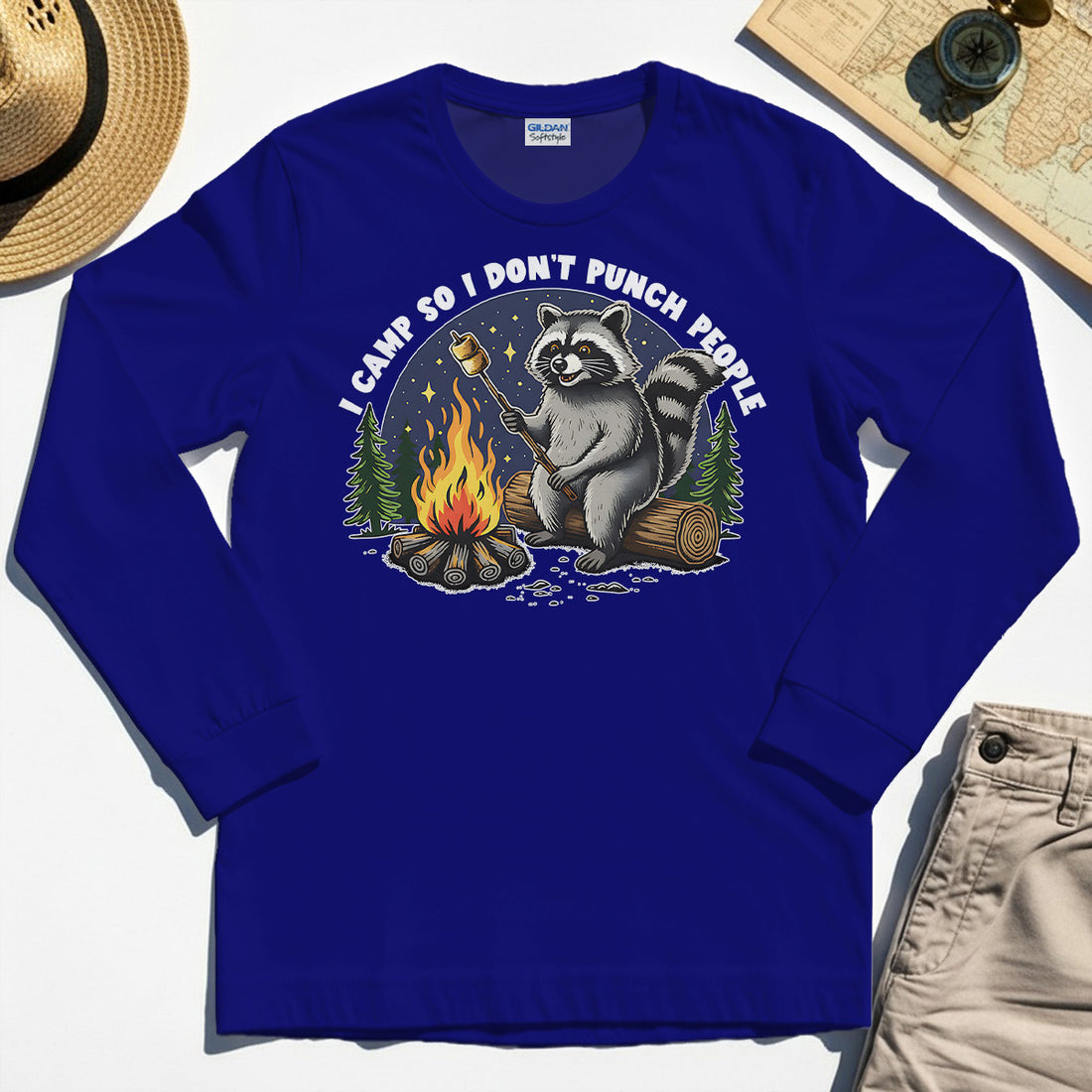 I Camp So I Don’t Punch People Long Sleeve, Funny Raccoon Marshmallow Campfire Long Sleeve Tee 1