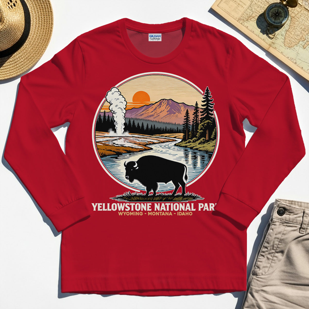 Retro Yellowstone National Park Long Sleeve, Bison Silhouette Outdoor Adventure Long Sleeve Tee For Nature Campers 6