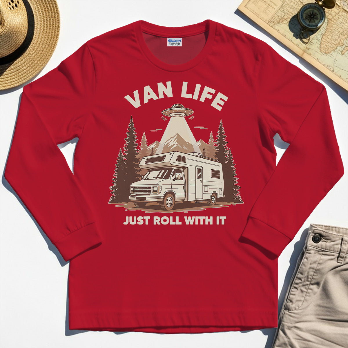 Just Roll With It Long Sleeve, Retro Camper Van Adventure Long Sleeve Tee For Camping Lovers 8