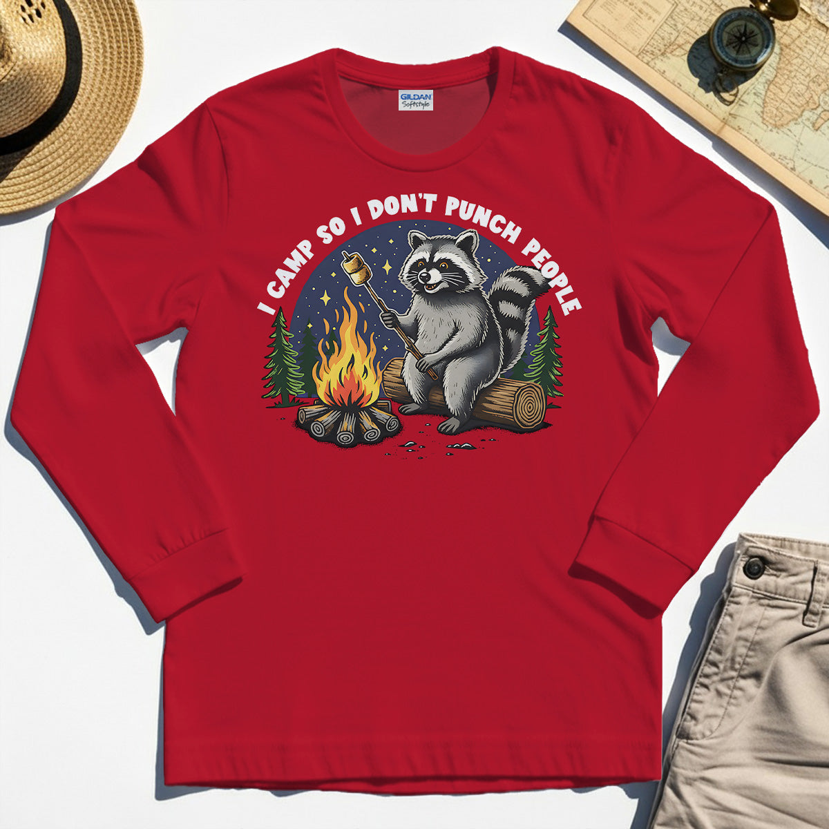 I Camp So I Don’t Punch People Long Sleeve, Funny Raccoon Marshmallow Campfire Long Sleeve Tee 7