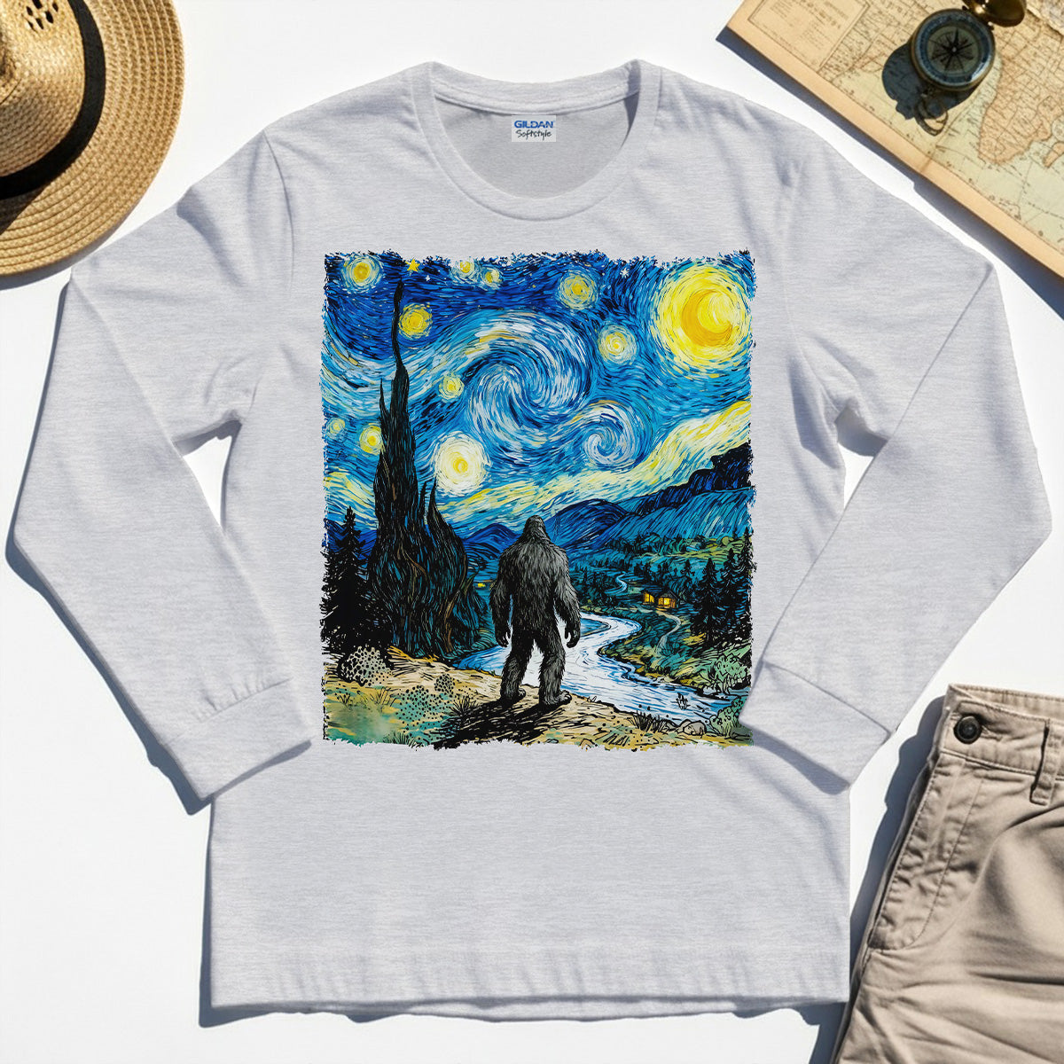 Funny Sasquatch Van Gogh Parody Long Sleeve, Bigfoot Starry Night Long Sleeve Tee 5