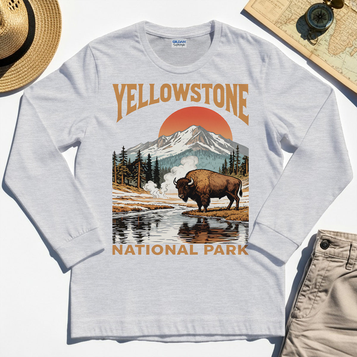 Yellowstone National Park Long Sleeve, Vintage Bison Sunset Mountain Long Sleeve Tee For Campers 5