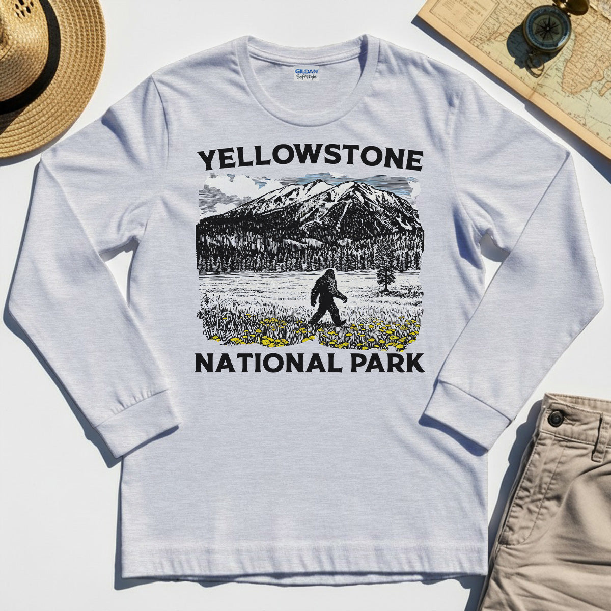 Yellowstone National Park Long Sleeve Tee, Bigfoot Hiking Graphic 5