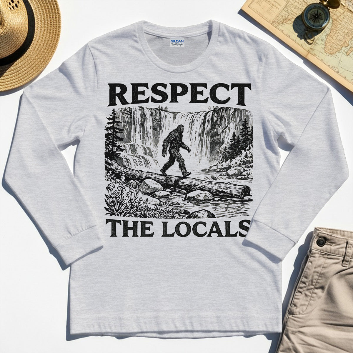 Bigfoot Respect The Locals Long Sleeve, Vintage Waterfall Hiking Graphic Long Sleeve Tee For Camper And Adventurers 4
