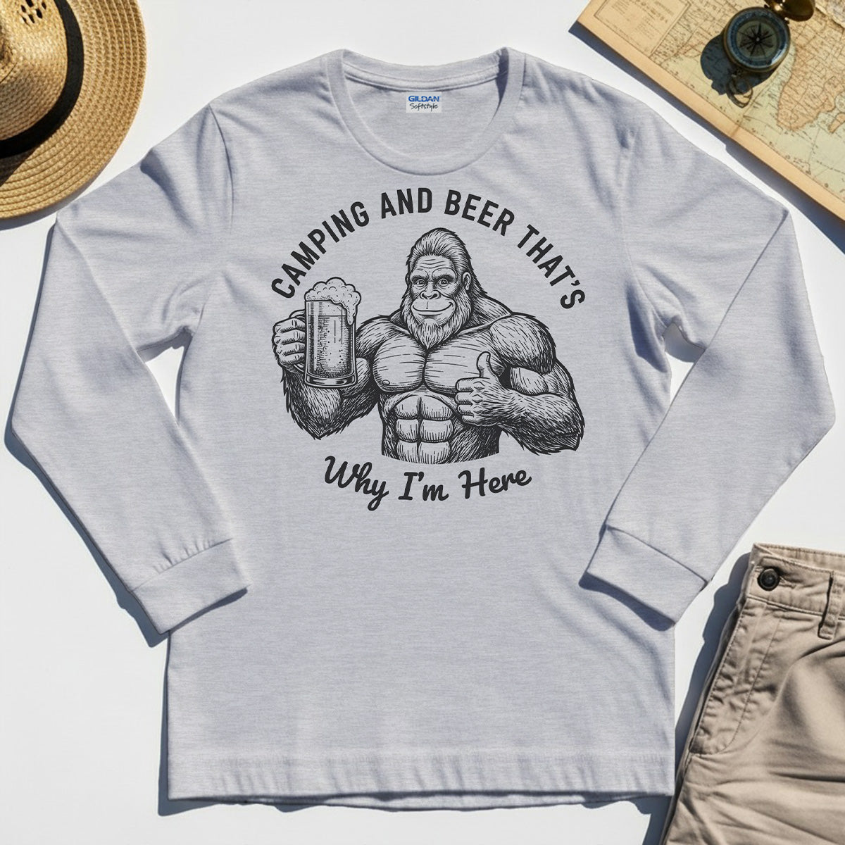 "Camping and Beer That’s Why I’m Here" Funny Bigfoot Camping Long Sleeve Tee 4