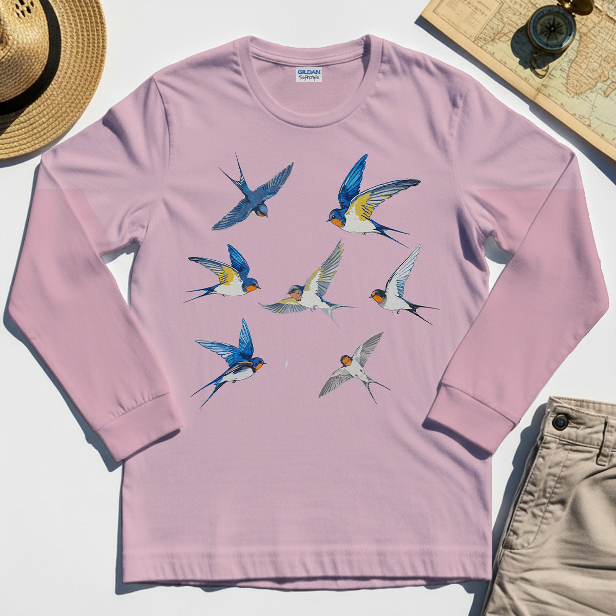 Elegant Flying Swallows Long Sleeve Tees , Minimalist Wildlife Camping Graphic Long Sleeve Gift For Nature Campers 1