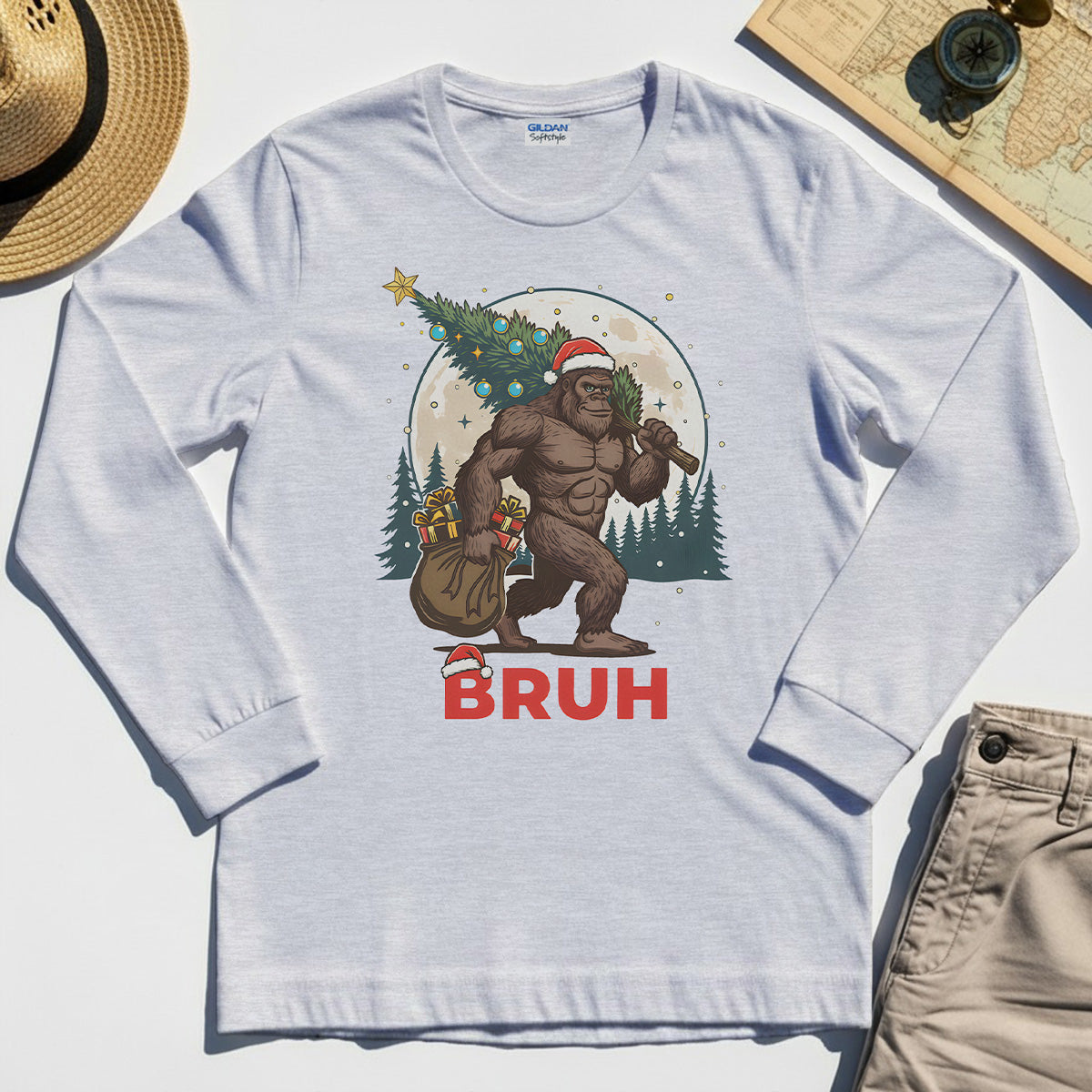 Bigfoot Christmas "BRUH" Long Sleeve, Retro Santa Hat Sasquatch Carrying Christmas Tree Long Sleeve Tee 4