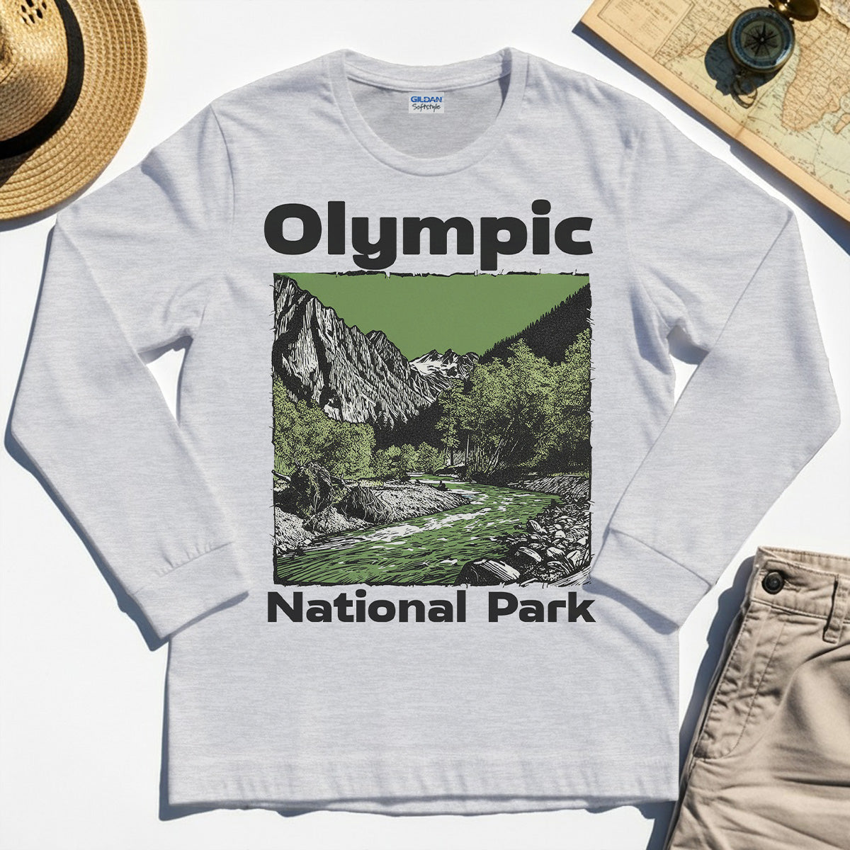 Olympic National Park Long Sleeve, Vintage Mountain River Scene Long Sleeve Tee For Outdoor Adventure Campers 5